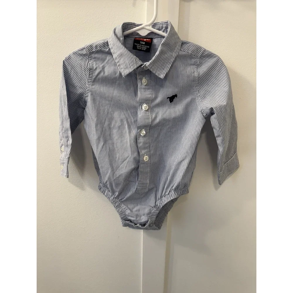 Wrangler‎ Boys 18 Months Bodysuit Long Sleeve Button Up Blue Plaid Shirt Logo